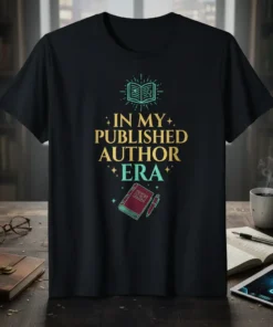 In My Published Author Era text design with an open book and pen graphic on a black t-shirt
