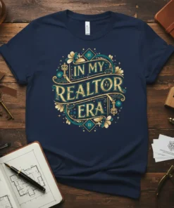 In My Realtor Era t-shirt design with ornate gold and teal lettering and house motifs