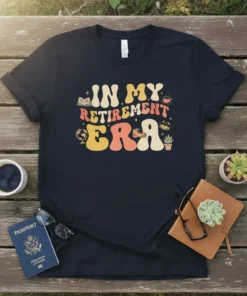 Retro "In My Retirement Era" text design with icons like a book, globe, coffee cup, and hiking boot on a