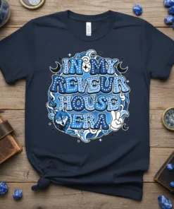 In My Reveur House Era t-shirt with blue text and a wolf graphic, celebrating a dreamy era