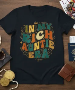 Retro "In My Rich Auntie Era" text design with a crown on a dark t-shirt