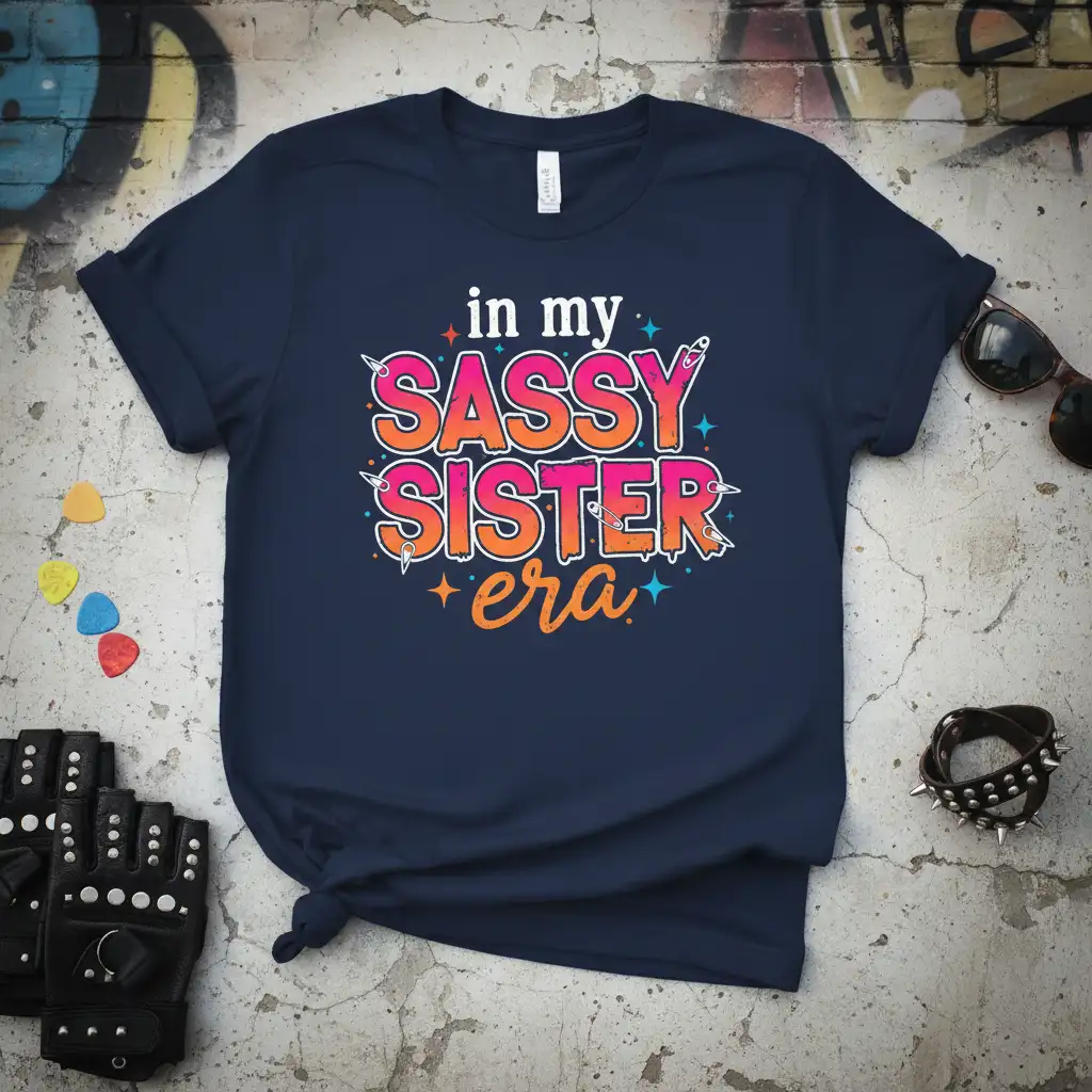 In my SASSY SISTER era quote t-shirt with colorful, distressed typography and star accents