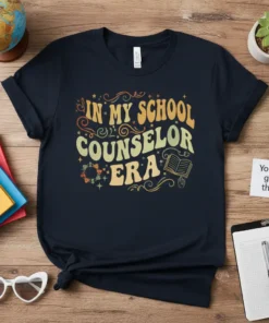 In My School Counselor Era text design with retro wavy font and school-themed graphics like a book and wreath