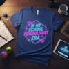 Neon hexagon design with text "IN MY SCHOOL PSYCHOLOGIST ERA" and brain graphics, on a blue t-shirt