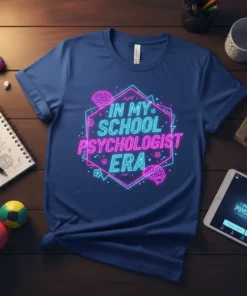 Neon hexagon design with text "IN MY SCHOOL PSYCHOLOGIST ERA" and brain graphics, on a blue t-shirt