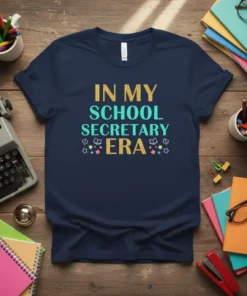 Navy t-shirt with "In My School Secretary Era" text in gold and teal glitter font, surrounded by small star and