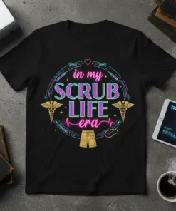 Black t-shirt with "in my SCRUB LIFE era" text in neon colors, surrounded by medical symbols like caduceus and syringes