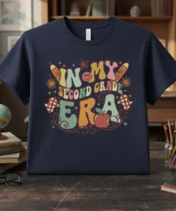 Retro "In My Second Grade Era" text design with pencils, sun, stars, and checkered flags on a navy t-shirt
