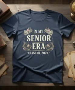 In My Senior Era Class of 2024 graduation t-shirt design with books and floral accents