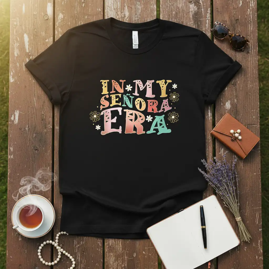 In My Señora Era text in colorful retro font with flower accents on a black tee