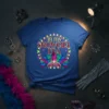 In My Showgirl Era text design with a crown and colorful feathers on a blue t-shirt