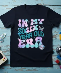 In My Six Six Year Old Era text design with retro galaxy print and disco ball graphic on a navy