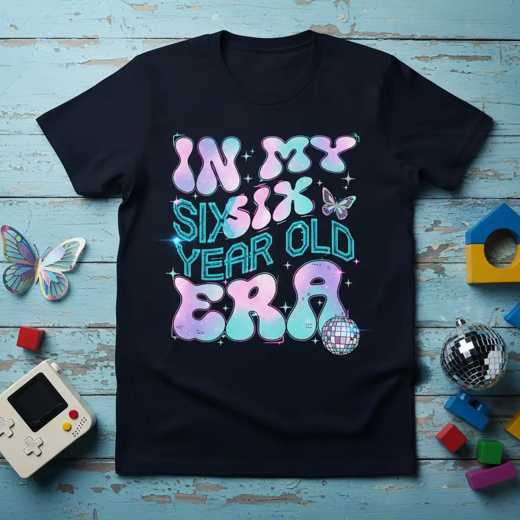 In My Six Six Year Old Era text design with galaxy print and disco ball graphic on a navy t-shirt for a
