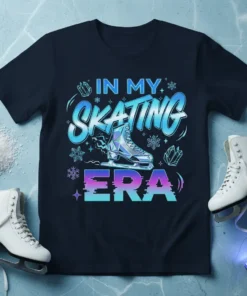 In My Skating Era text design with a figure skate graphic, snowflakes, and crystals, on a navy t-shirt