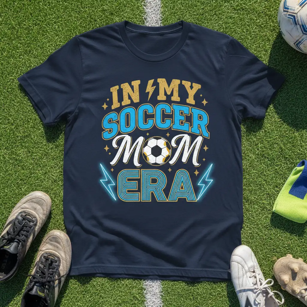 In My Soccer Mom Era text design with soccer ball and lightning bolt graphics on a navy t-shirt