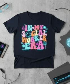 In My Social Worker Era t-shirt with colorful retro font and smiley face graphic