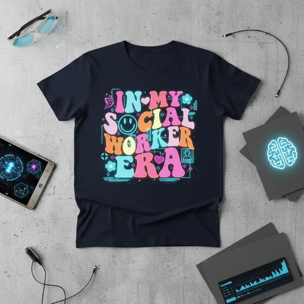 In My Social Worker Era text design with retro groovy font and colorful elements