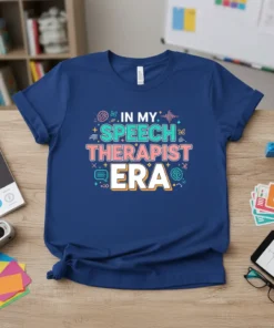In My Speech Therapist Era text design on a navy blue t-shirt, featuring speech therapy icons like a brain and