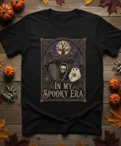In My Spooky Era t-shirt design with a cute ghost holding coffee, bat wings, coffins, and a full moon