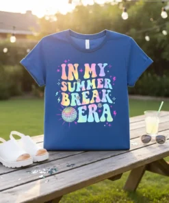 In My Summer Break Era text with disco ball graphic and retro stars on a blue t-shirt