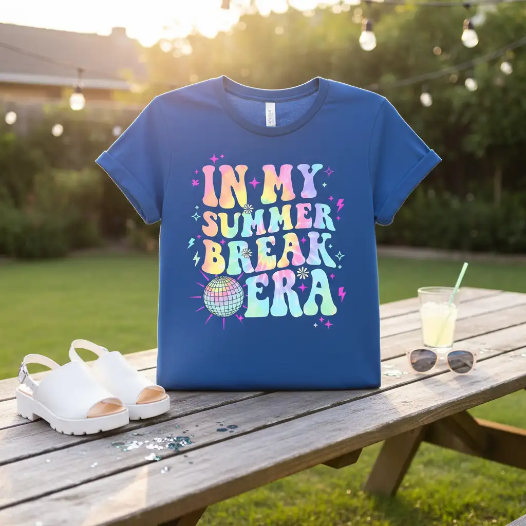 In My Summer Break Era text design with disco ball and retro stars on a blue t-shirt