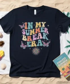 Retro graphic t-shirt with colorful text "In My Summer Break Era" and butterfly and sun designs
