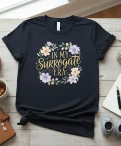 In My Surrogate Era text with floral wreath on a dark navy t-shirt