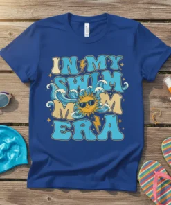 In My Swim Mom Era text with a groovy sun graphic and waves on a blue t-shirt
