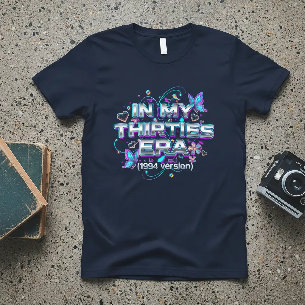 In My Thirties Era (1994 version) text with butterflies and hearts on a navy t-shirt