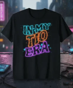 Neon text graphic "In My Tio Era" on a black t-shirt, with a cyberpunk city background