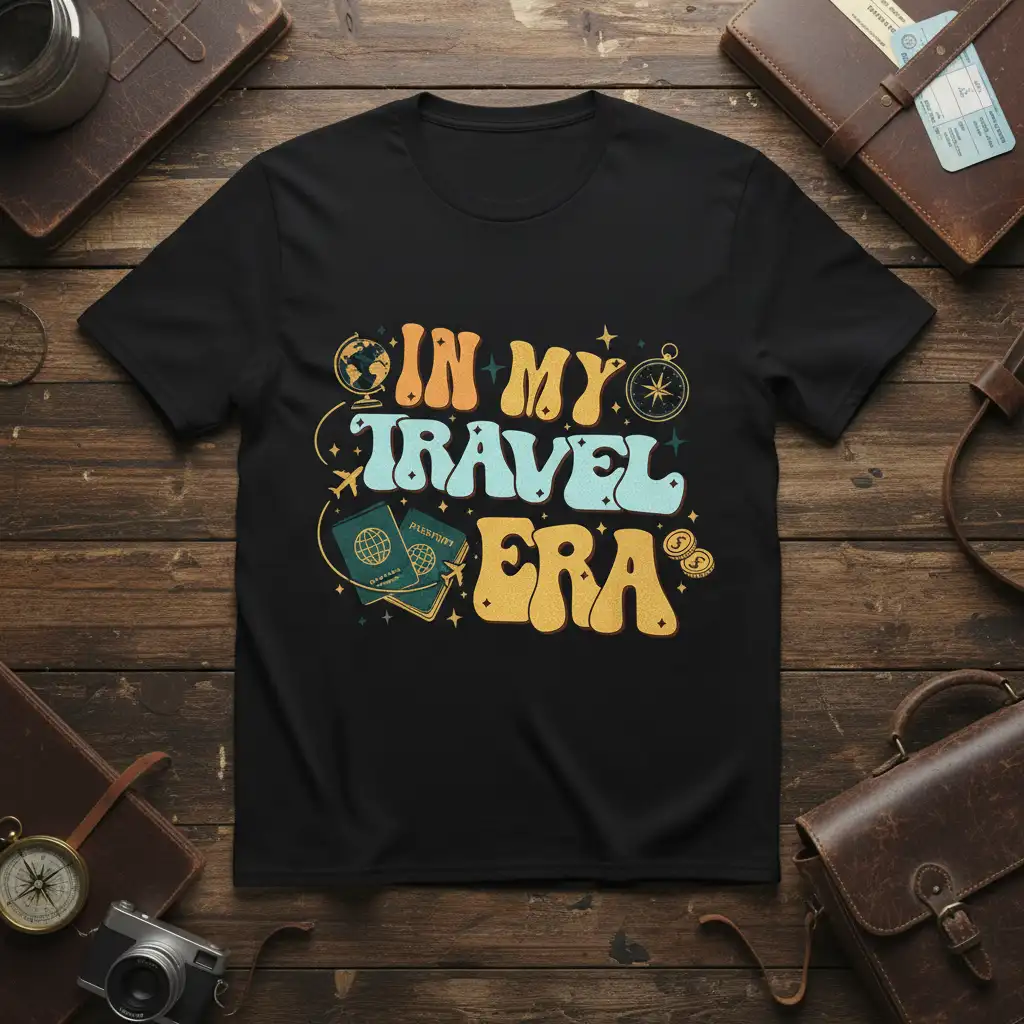 In My Travel Era text design with vintage globe and passport graphics on a black tee
