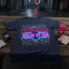 Navy t-shirt with "In My Uterus Break Up Era" in neon pink and blue gothic font, surrounded by ornate silver