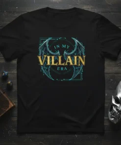 In My Villain Era text design with gothic wings on a black t-shirt, featuring golden and teal accents