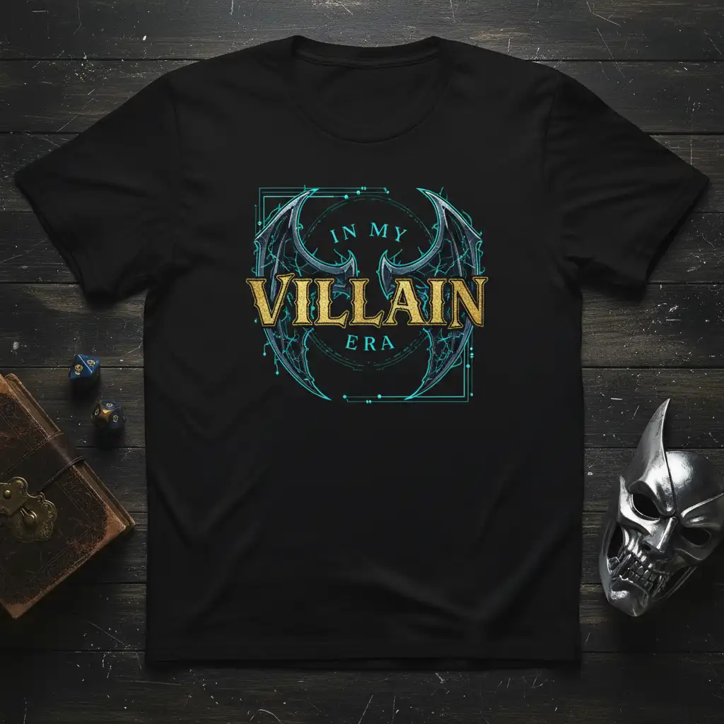 In My Villain Era quote with gothic wings, featuring gold and teal colors on a black t-shirt design