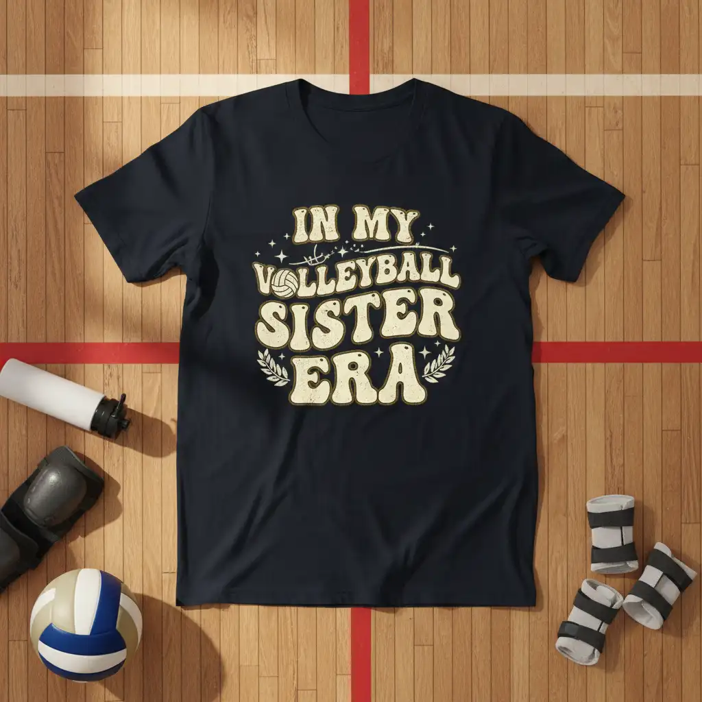 In My Volleyball Sister Era quote in a retro font with a volleyball graphic, ideal for sports siblings