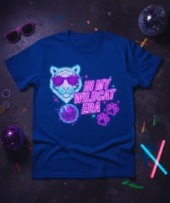 In My Wildcat Era neon text with a geometric white tiger wearing sunglasses, disco ball, and paw prints on a