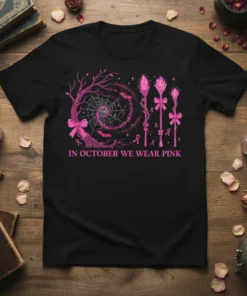 In October We Wear Pink text with a witchy design including spiderweb, bats, and crystal staffs, on a black t-shirt