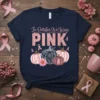 In October We Wear PINK t-shirt with pumpkins and pink ribbons, navy blue shirt, breast cancer awareness design