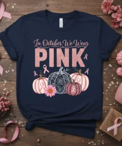 In October We Wear PINK t-shirt with pumpkins and pink ribbons, navy blue shirt, breast cancer awareness design