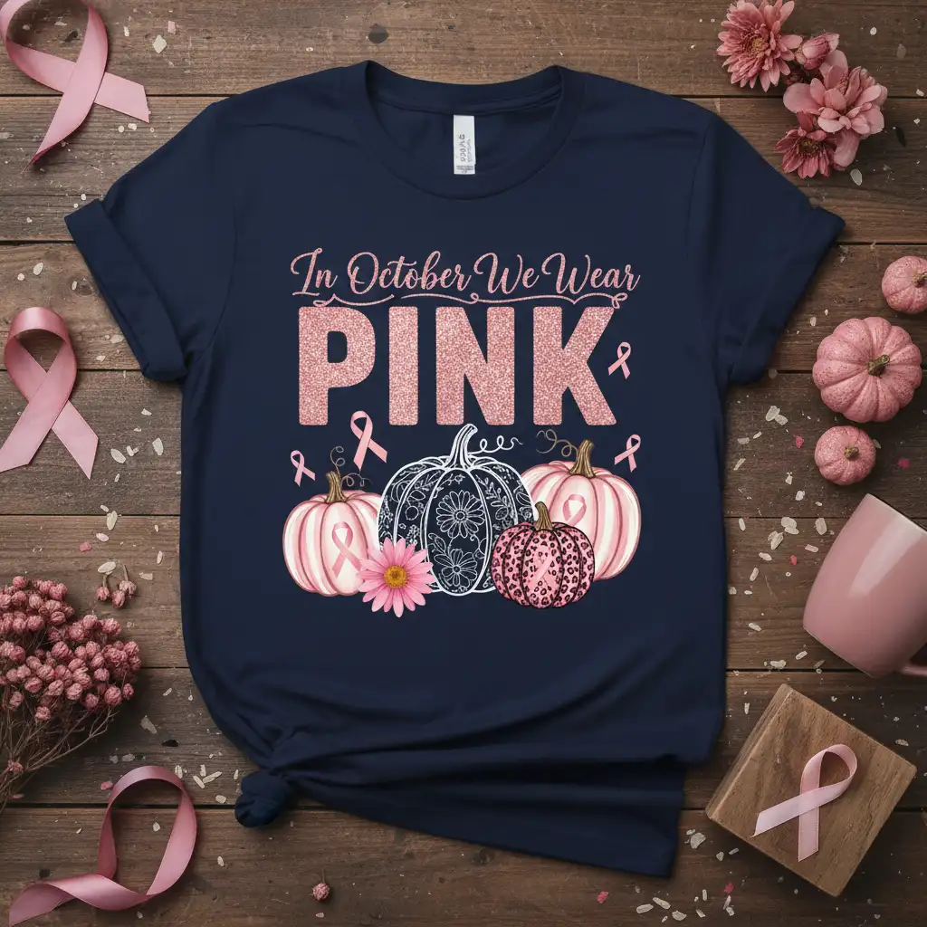 In October We Wear PINK design with glitter text and breast cancer awareness pumpkins