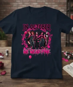 In October We Wear Pink t-shirt design with five stylized figures and pink ribbon graphics