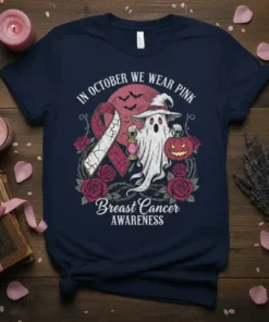 In October We Wear Pink Breast Cancer Awareness T-Shirt with ghost, pumpkin, and pink ribbon design