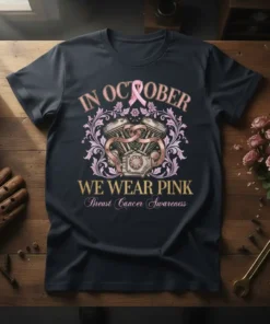 In October We Wear Pink Breast Cancer Awareness t-shirt with motorcycle engine and pink ribbon graphic