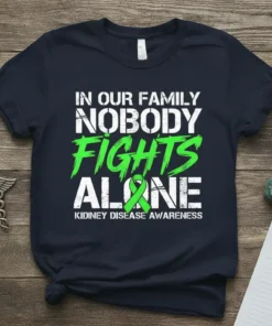 T-shirt with "In Our Family Nobody Fights Alone Kidney Disease Awareness" text and a green ribbon graphic