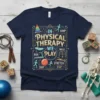Navy t-shirt with "In Physical Therapy We Play" quote surrounded by icons of running, walking, jumping, skipping, and stretching