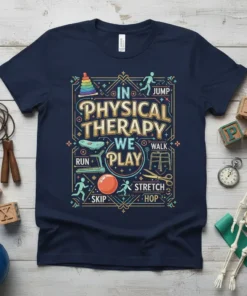 Navy t-shirt with "In Physical Therapy We Play" quote surrounded by icons of running, walking, jumping, skipping, and stretching