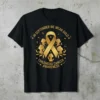 Gold ribbon and child silhouettes design for Childhood Cancer Awareness month, with text "In September We Wear Gold"