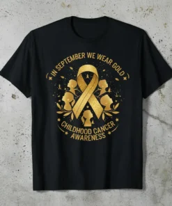 Gold ribbon and child silhouettes design for Childhood Cancer Awareness month, with text "In September We Wear Gold"