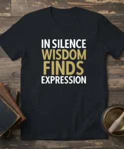 Black t-shirt with white and gold text reading "IN SILENCE WISDOM FINDS EXPRESSION"