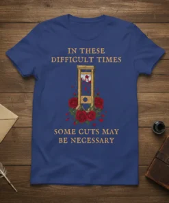 T-shirt with gold text "In These Difficult Times Some Cuts May Be Necessary" and an illustration of a guillotine with